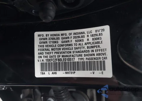 2020 Honda Civic Sport из США, поврежденный, VIN 19XFC2F80LE010517